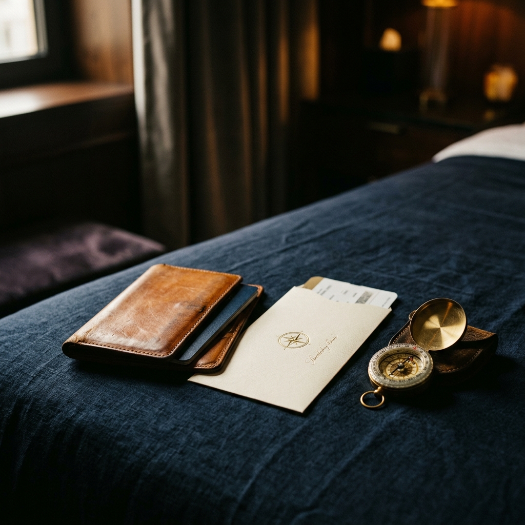 Travel documents, a compass, and a boarding pass arranged on a dark surface